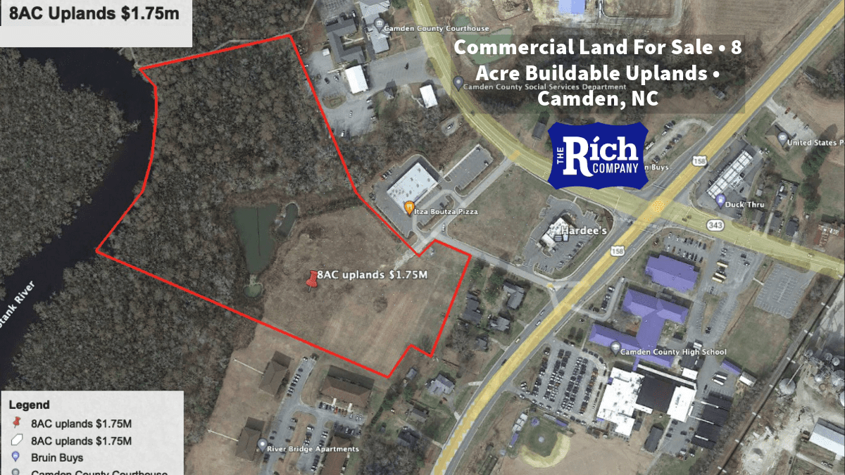 Commercial Land For Sale • 8 Acre Buildable Uplands • Camden, NC 